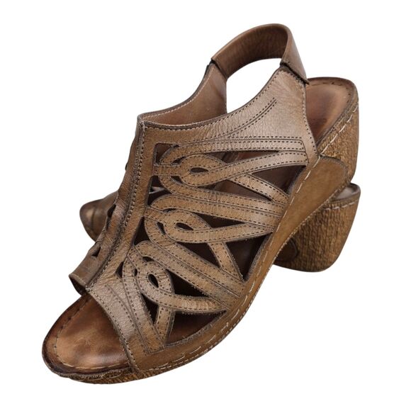 Karyoka Brown Leather Cutout Wedge Sandals Sz 38 US 7.5 - 8 Boho Beach - Picture 1 of 15